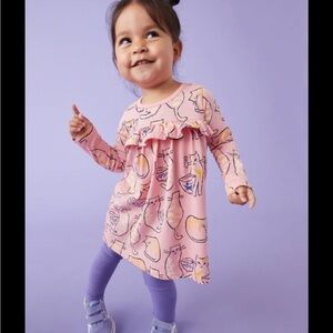 Tea Collection Ruffle Empire Baby Dress Pink Cat Cafe 3-6Months NWT